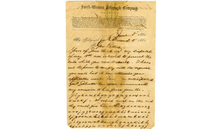 A Confederate wartime telegraph form, with ordinary business at the top giving way to hand-written cipher