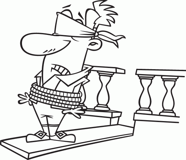 A cartoon of a blindfolded man bound with rope, edging along a plank